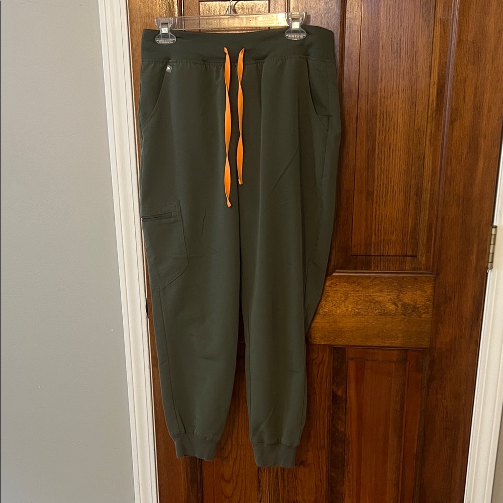 Figs high waisted Zamora Olive Joggers with Bright Orange Drawstrings